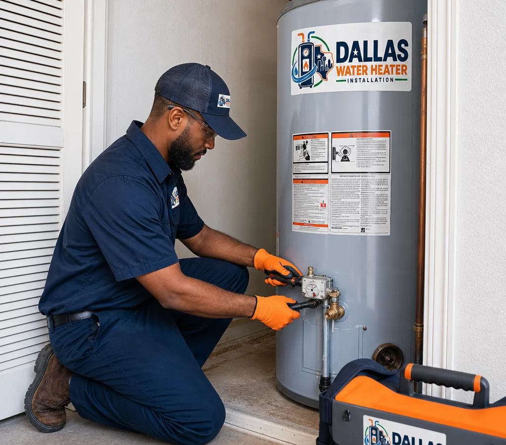 Technician diagnosing a residential tank water heater in a Dallas utility closet