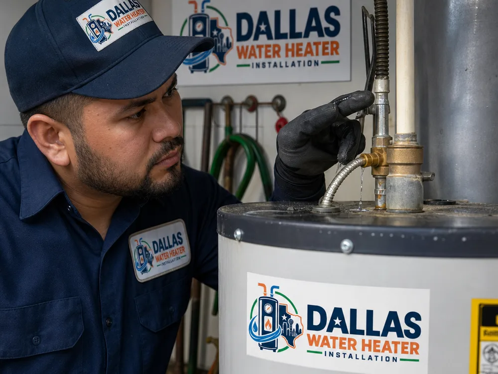 Technician inspecting a water heater relief valve discharge line for active dripping