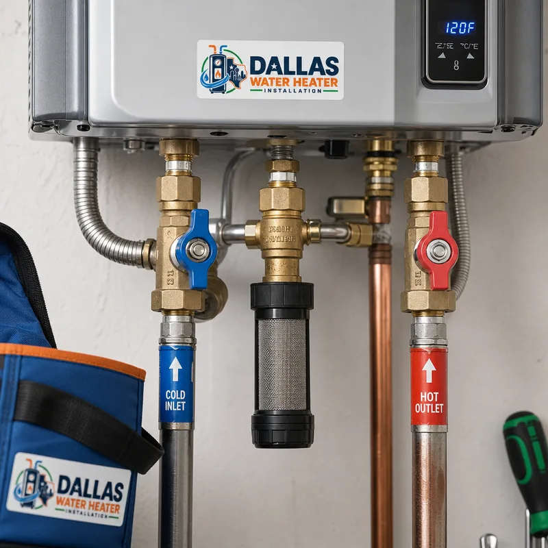 Tankless water heater installation with isolation valve kit, sediment screen, and labeled hot and cold lines