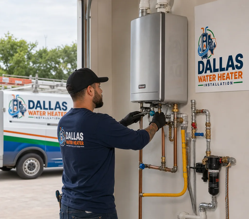 Plumber installing a wall-mounted tankless water heater with isolation valves, gas line, and venting in a Dallas-area utility room