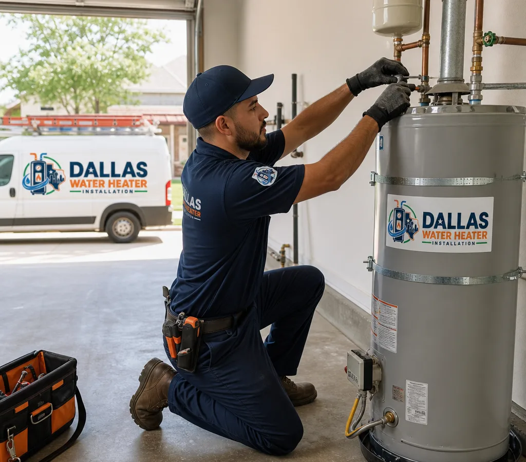 Plumber installing a residential tank water heater in a Dallas garage with tidy piping and a new shutoff valve