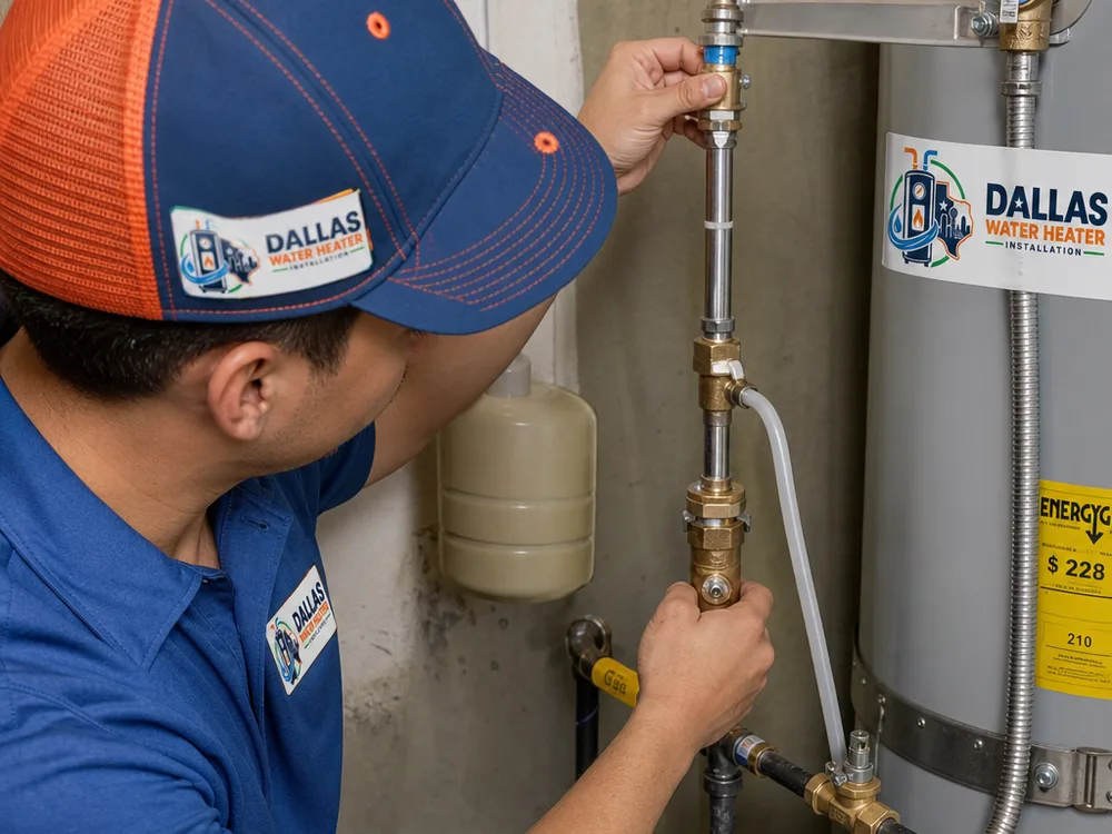 Close-up of neatly connected water heater piping, shutoff valve, unions and relief discharge line