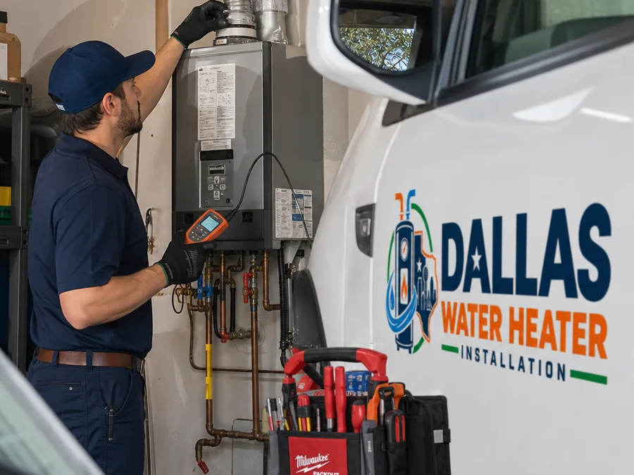 Technician inspecting tankless water heater vent connections with a diagnostic tool in a Dallas residential garage