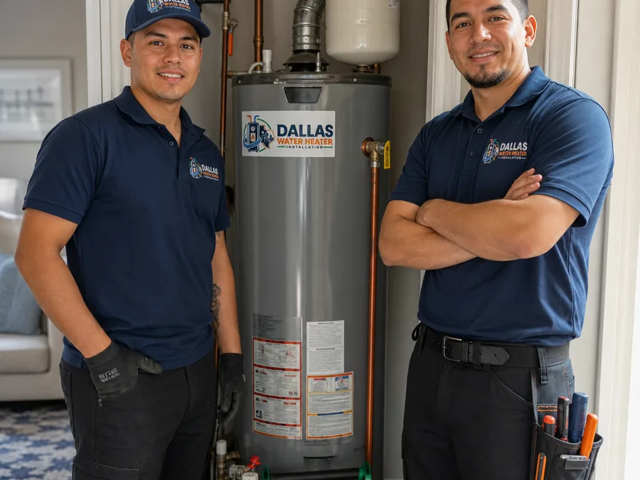 Two uniformed technicians beside a completed water heater installation in a clean Dallas home work area